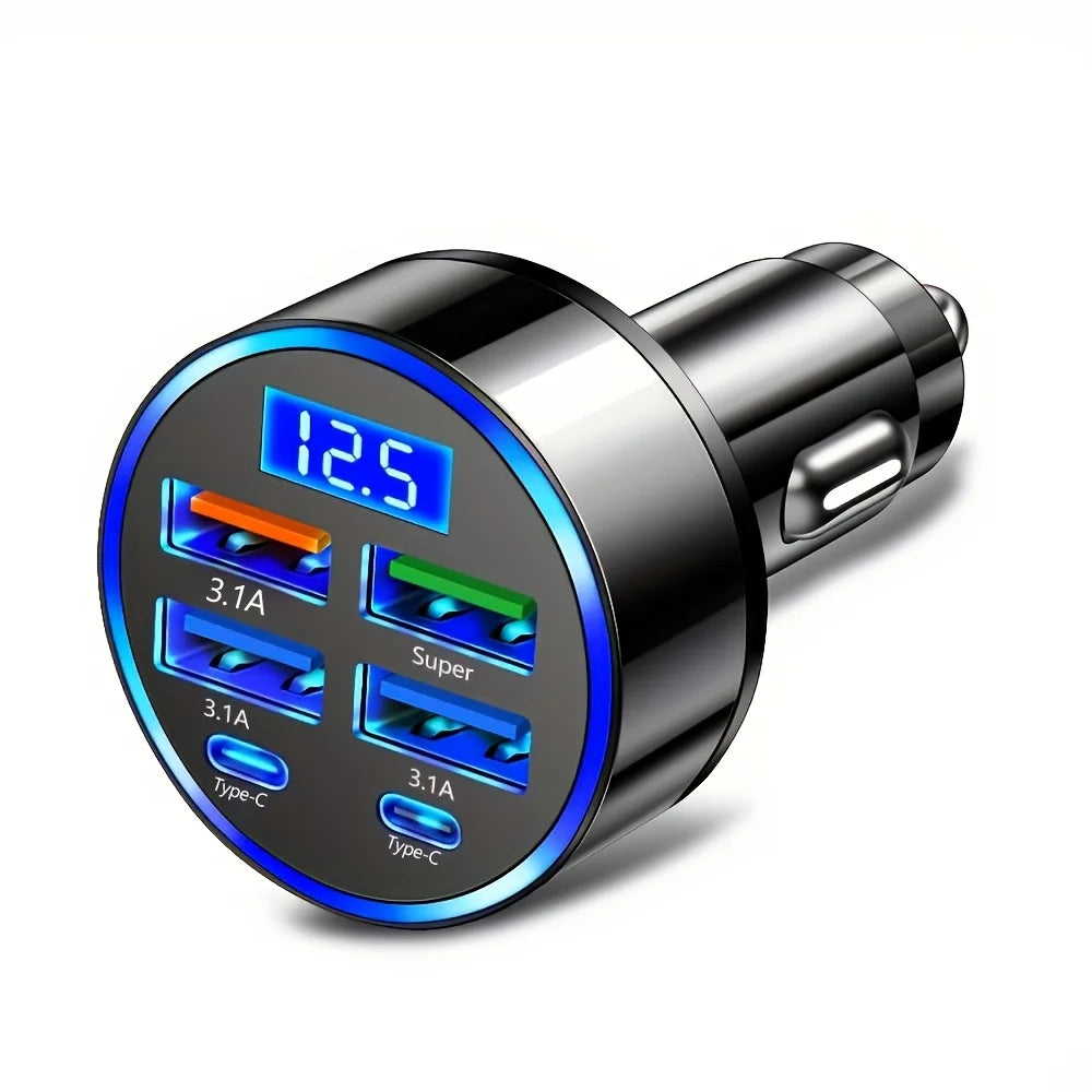 6-in-1 Fast Charging Car Adapter with Digital Voltage Display | Dual USB-C & USB Car Charger