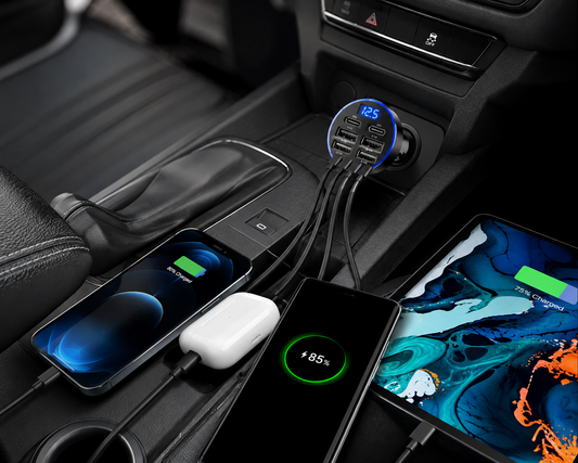 6-in-1 Fast Charging Car Adapter with Digital Voltage Display | Dual USB-C & USB Car Charger