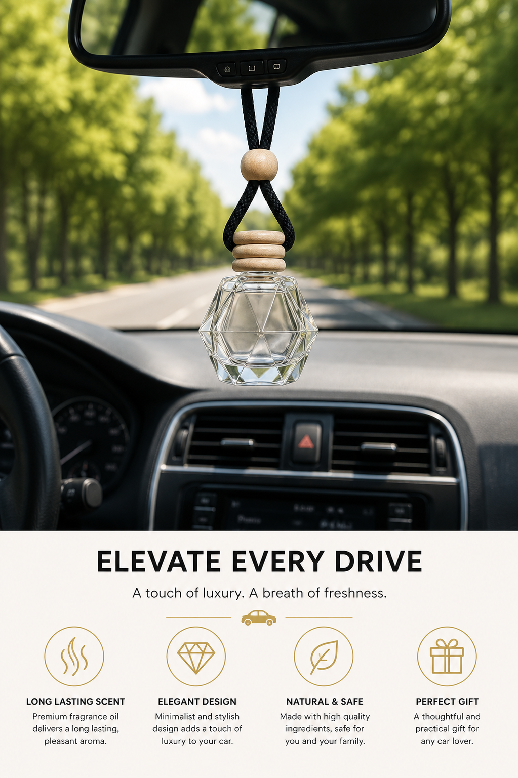 Luxury Hanging Glass Car Air Freshener-Long-Lasting Diffuser/4 Signature Fragrance Styles