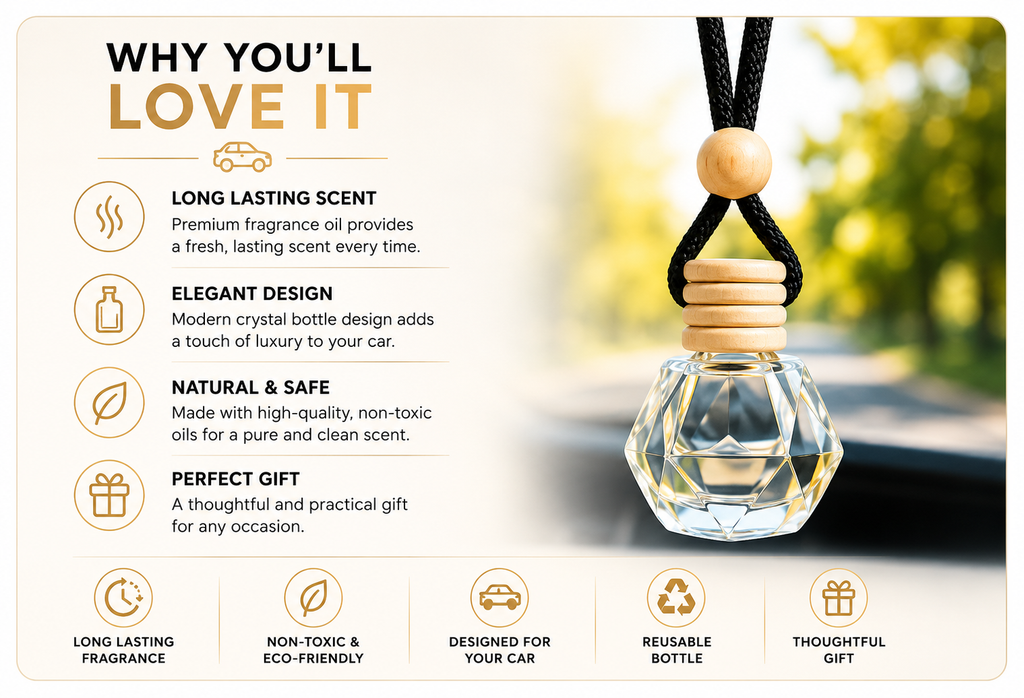 Luxury Hanging Glass Car Air Freshener-Long-Lasting Diffuser/4 Signature Fragrance Styles