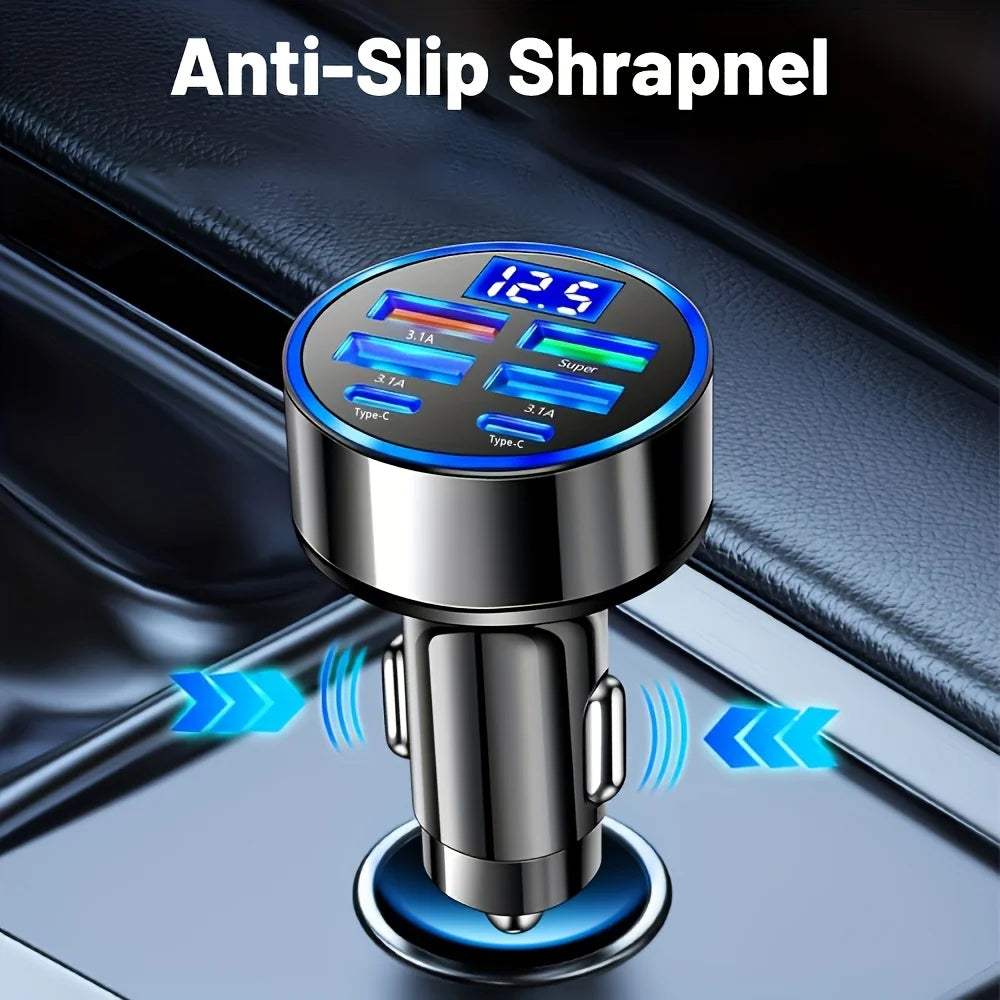 6-in-1 Fast Charging Car Adapter with Digital Voltage Display | Dual USB-C & USB Car Charger