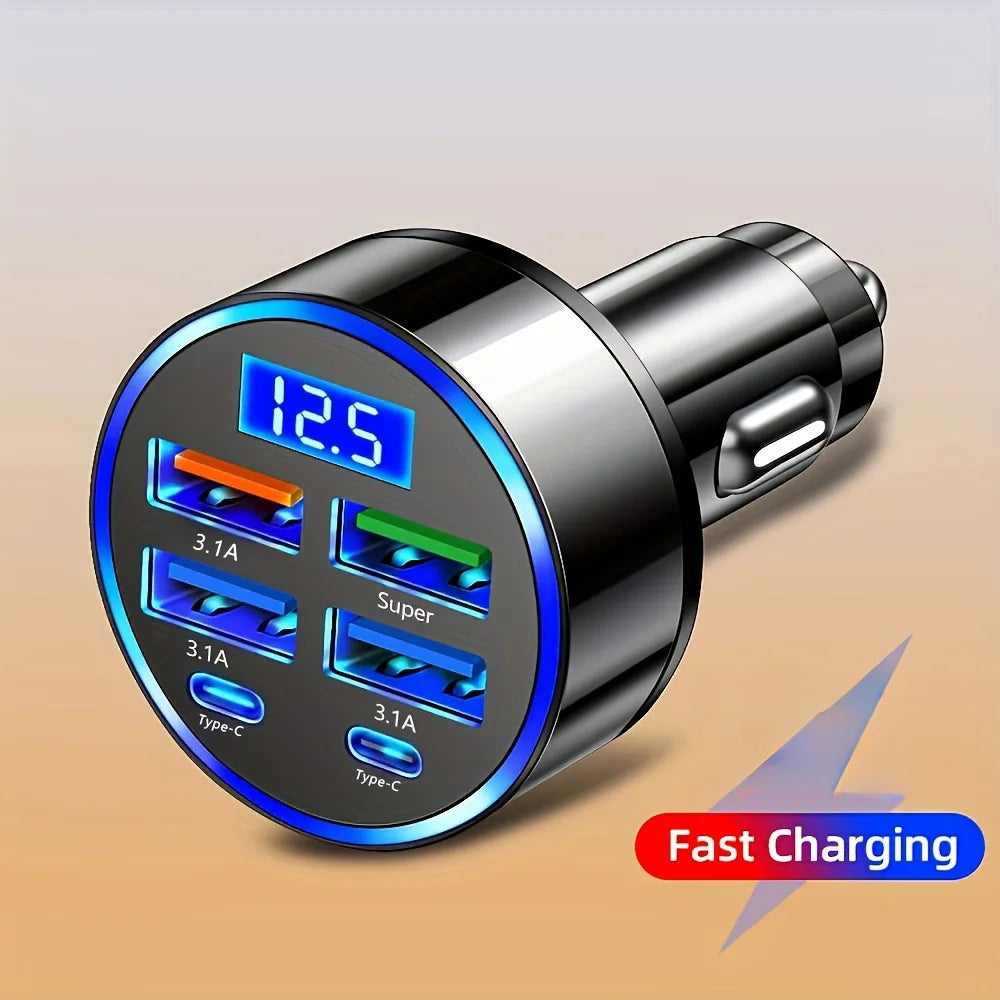 6-in-1 Fast Charging Car Adapter with Digital Voltage Display | Dual USB-C & USB Car Charger