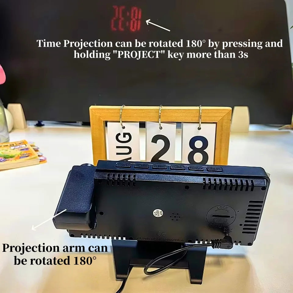 LED Projection Alarm Clock with 180° Rotating Display & Temperature Monitor