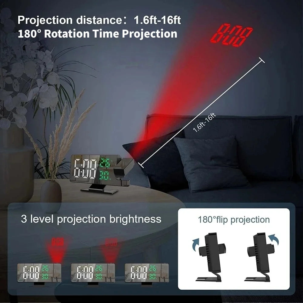 LED Projection Alarm Clock with 180° Rotating Display & Temperature Monitor