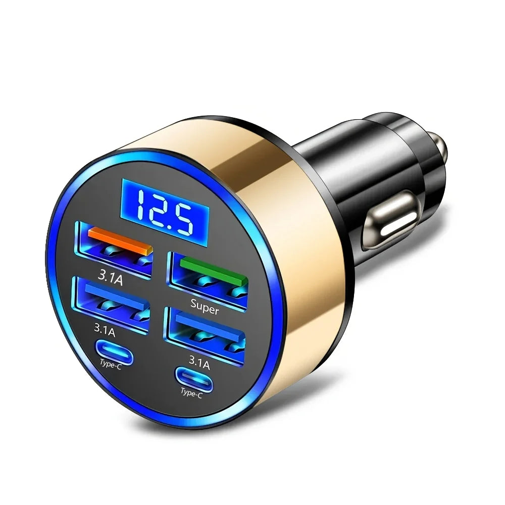6-in-1 Fast Charging Car Adapter with Digital Voltage Display | Dual USB-C & USB Car Charger