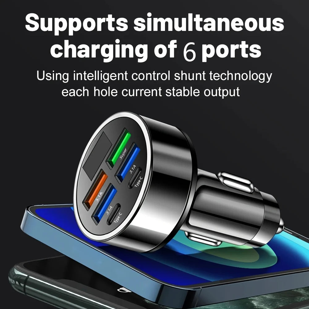 6-in-1 Fast Charging Car Adapter with Digital Voltage Display | Dual USB-C & USB Car Charger