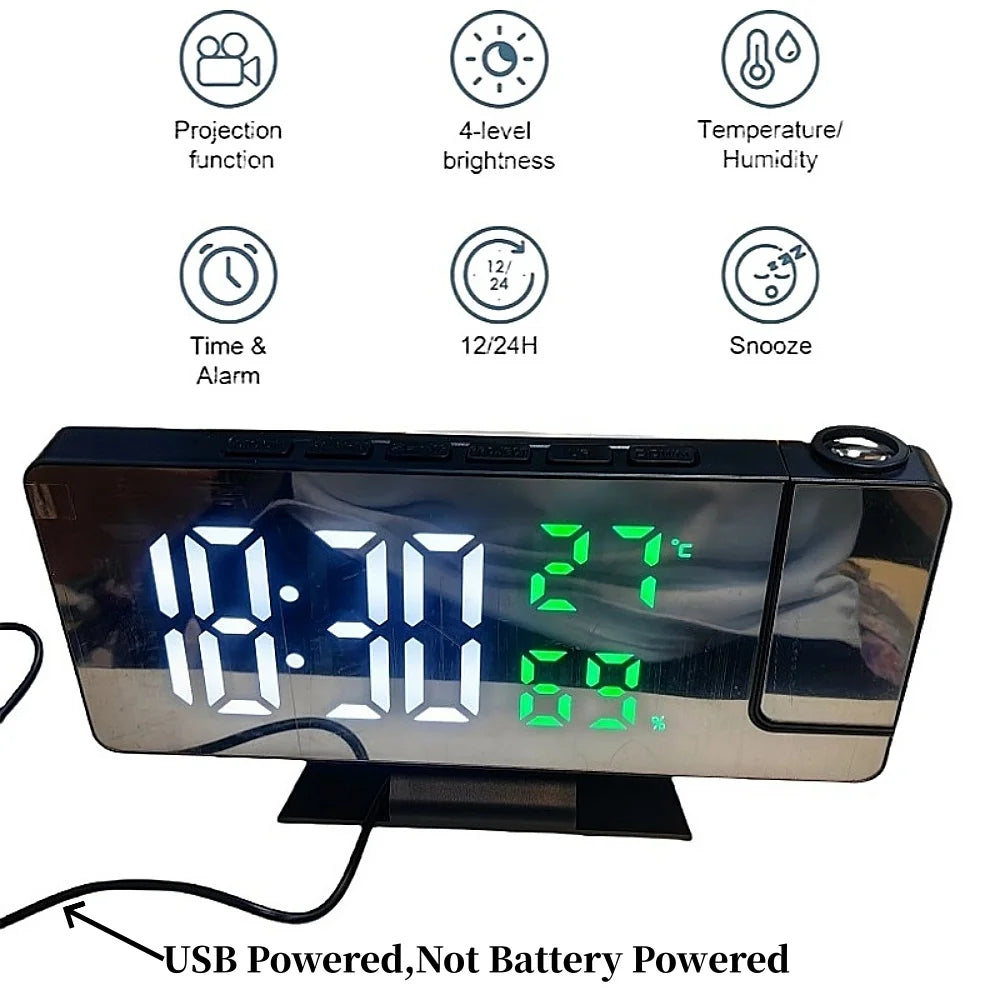 LED Projection Alarm Clock with 180° Rotating Display & Temperature Monitor