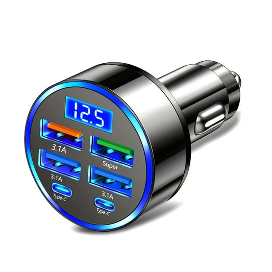 6-in-1 Fast Charging Car Adapter with Digital Voltage Display | Dual USB-C & USB Car Charger