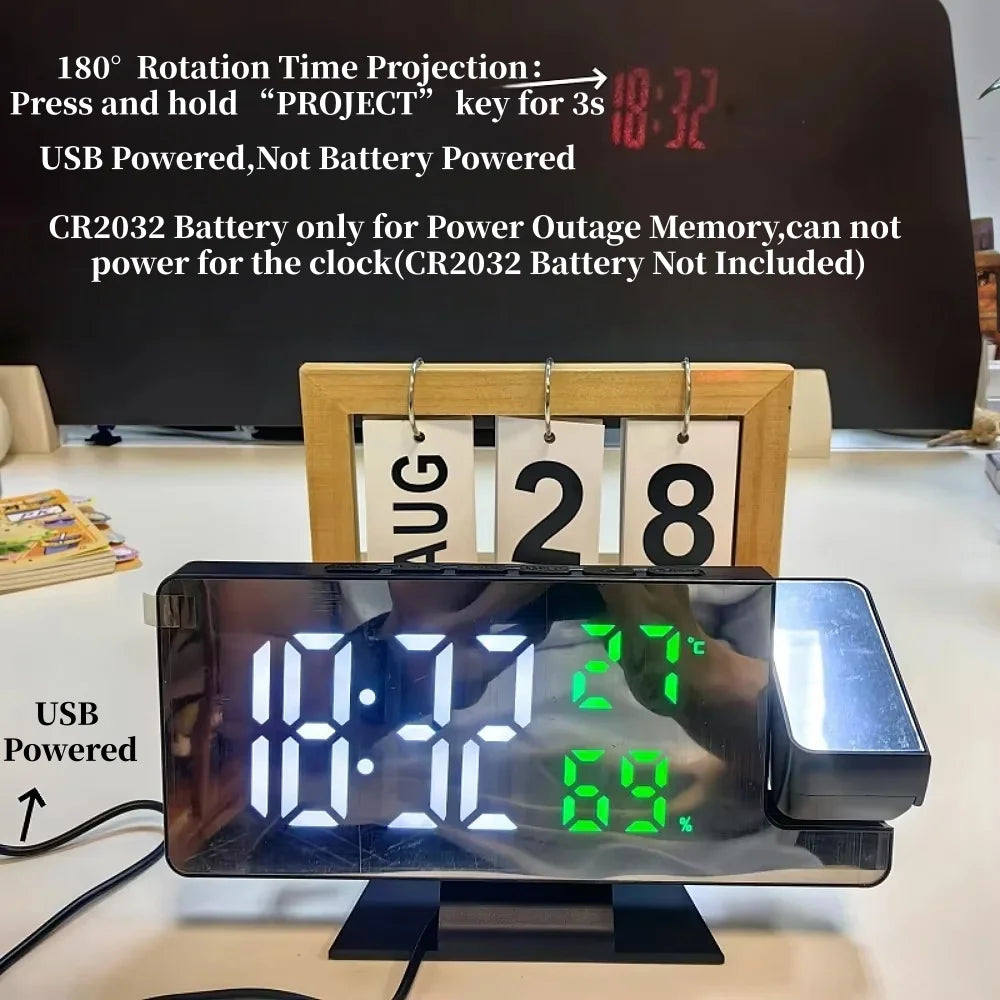 LED Projection Alarm Clock with 180° Rotating Display & Temperature Monitor